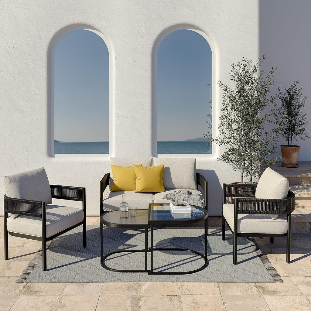 5-Piece Outdoor Furniture Set with Thick Cushions and Coffee Table, Wicker Sofa Conversation Set for Backyard, Beige-0