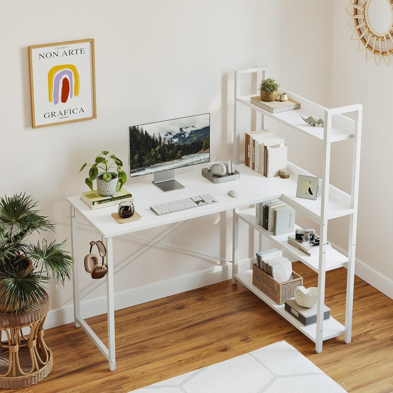 Computer Corner Desk with Storage Shelves, 47 Inch Reversible Small L Shaped Computer Desk, Home Office Writing Desk with 2 Hooks, Pure White-1