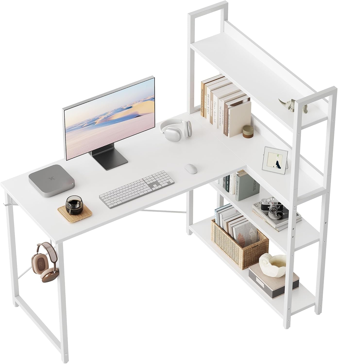 Computer Corner Desk with Storage Shelves, 47 Inch Reversible Small L Shaped Computer Desk, Home Office Writing Desk with 2 Hooks, Pure White-0