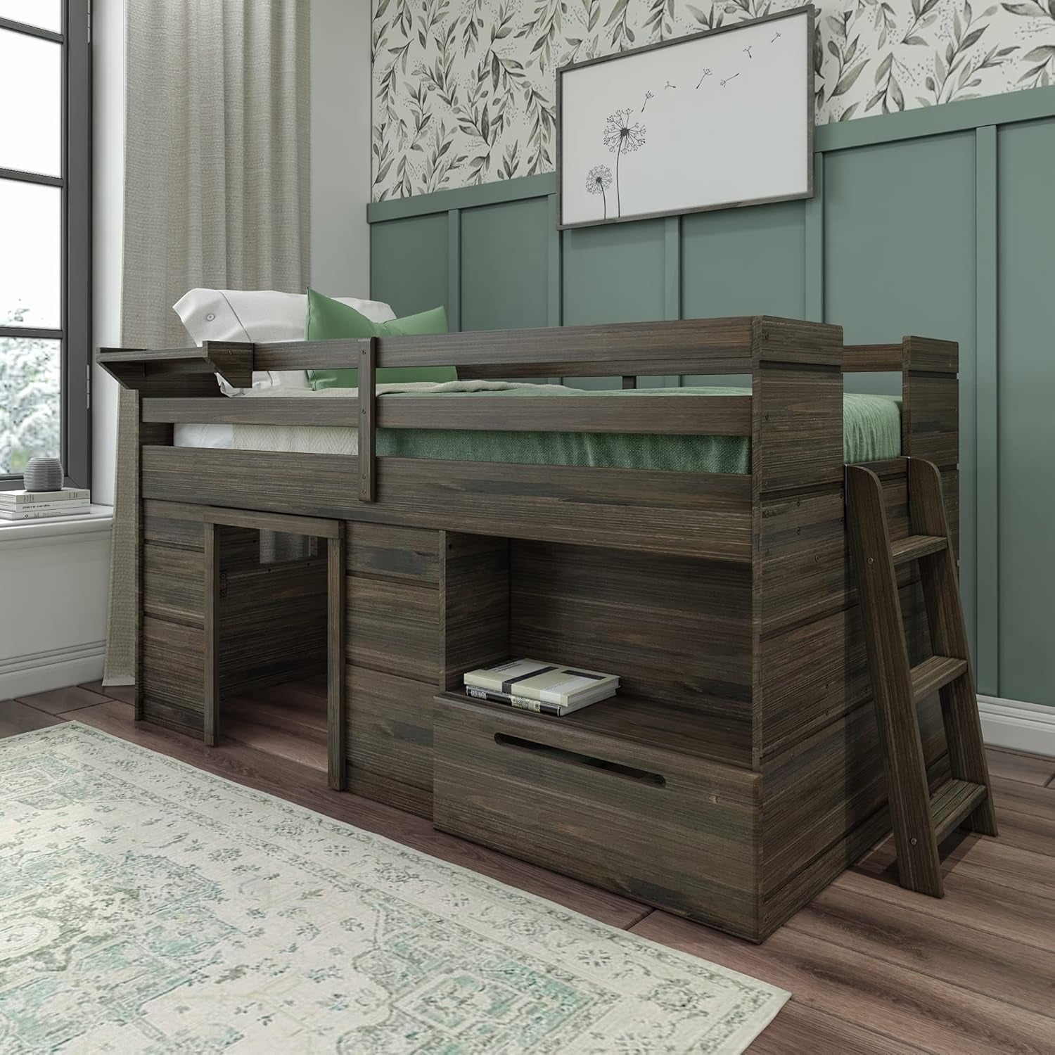 Loft Bed Twin Size, Solid Wood Low Loft Bed with Storage Drawer and Ladder, Modern Farmhouse Loft Bed for Kids, Barnwood Brown-0