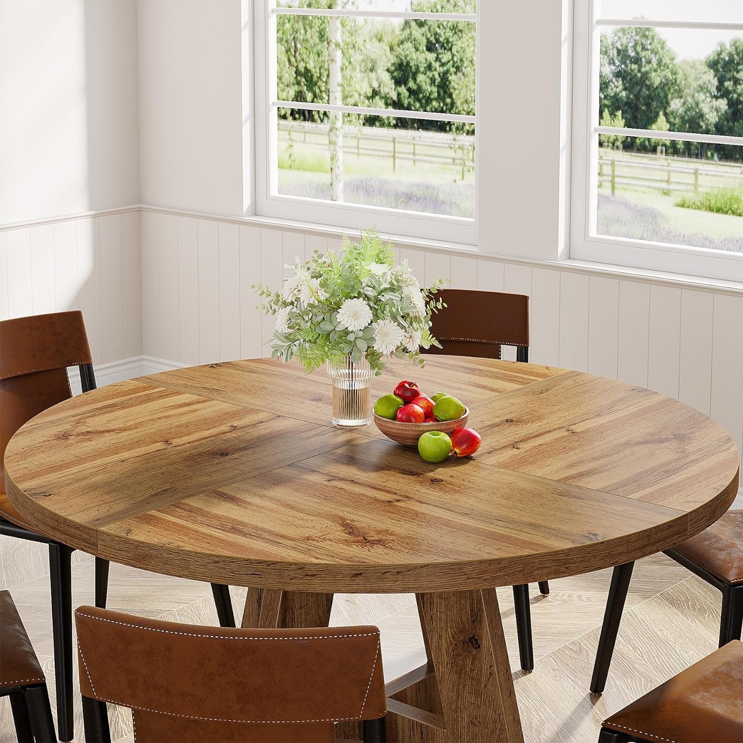 round Dining Table Wood Kitchen Table for Dining Room Living Room, 47" Dinning Room Tables for 4 Adult, Farmhouse Dinner Table with Wooden Tabletop and Cross Base, Burlywood(Only Table)-2