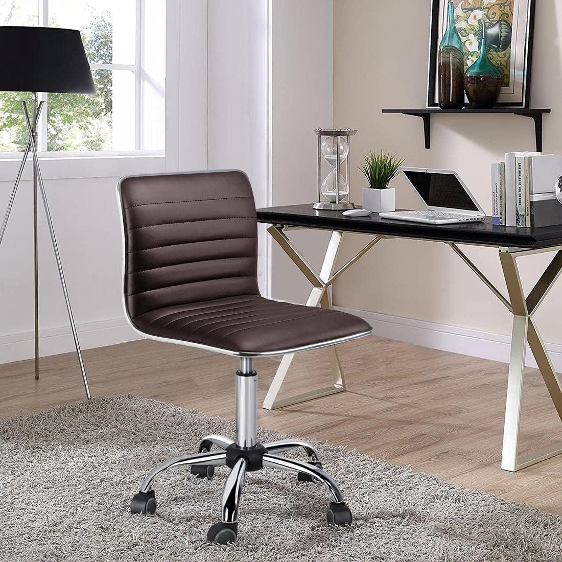 Task Chair Armless Office Chair PU Leather Ribbered Modern Desk Chair Adjustable Low-Back Swivel Chair W/Rolling Wheels Accent Comfy Working Chair Makeup Chair, Brown-1