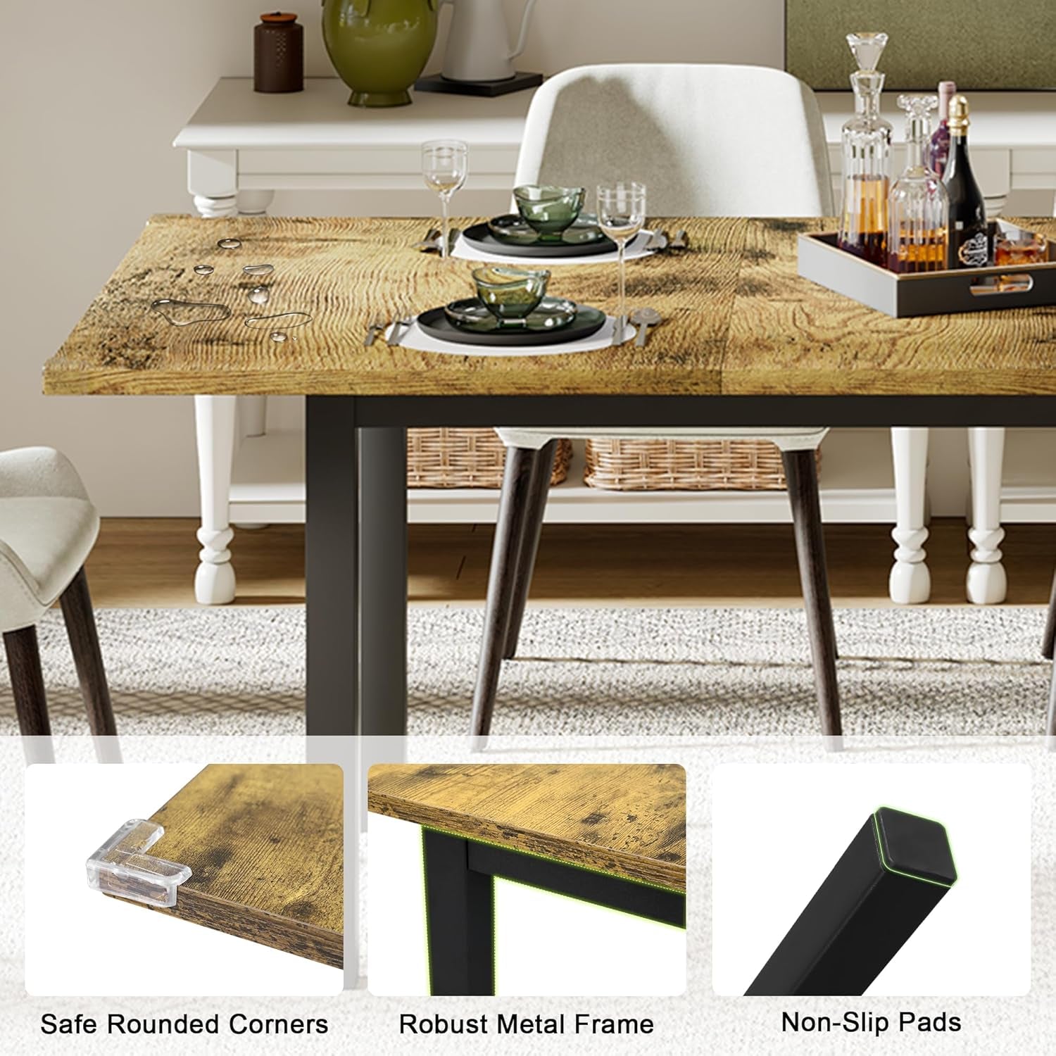 63" Extendable Dining Table, Modern Farmhouse Dining Room Table for 4-8, Wooden Kitchen Table for Small Space, Dining Room, Home Office, Living Room Furniture, Rustic Brown-4
