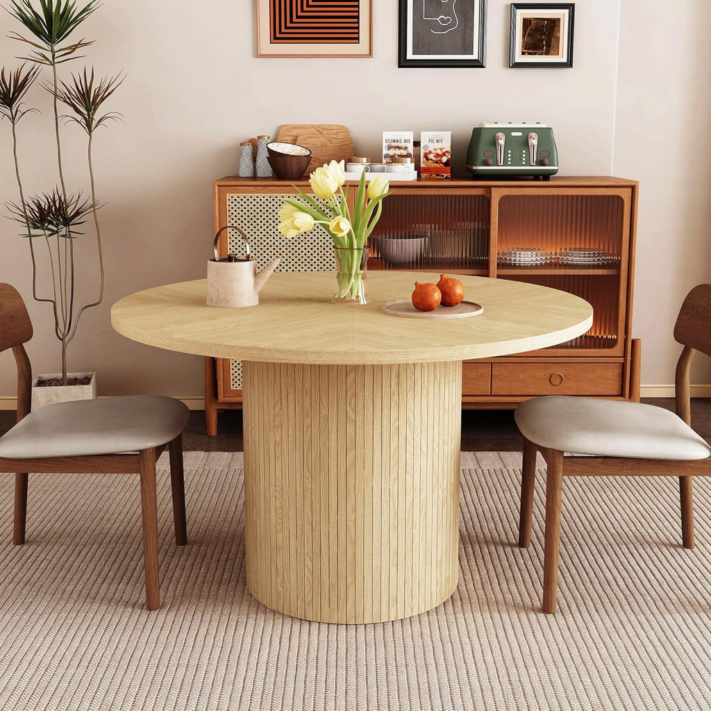 Round Dining Table for 4, Modern Farmhouse Kitchen Table, 47 Inch Small Circle Dining Tables with Wood Strip Base for Kitchen Living Room (Natural)-0