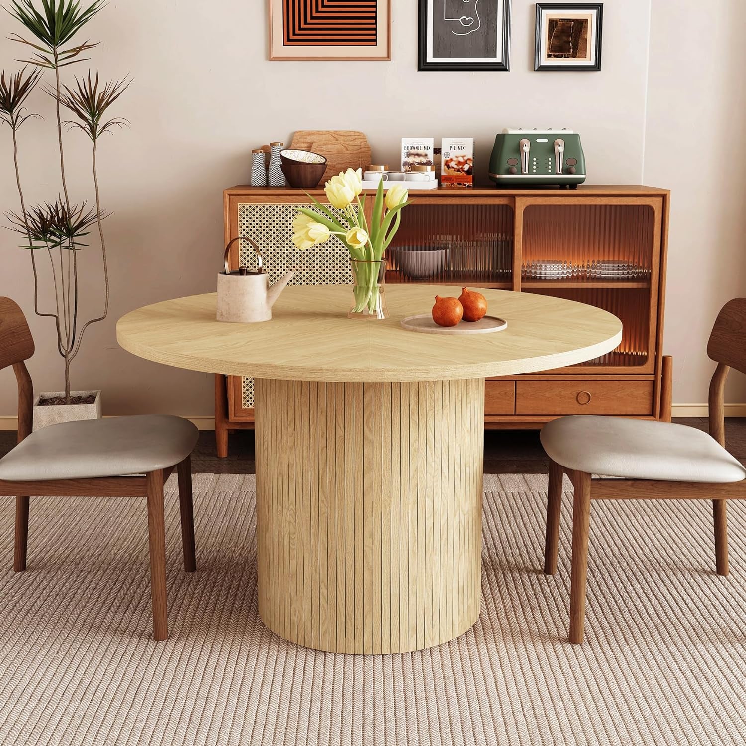 Round Dining Table for 4, Modern Farmhouse Kitchen Table, 47 Inch Small Circle Dining Tables with Wood Strip Base for Kitchen Living Room (Natural)-0