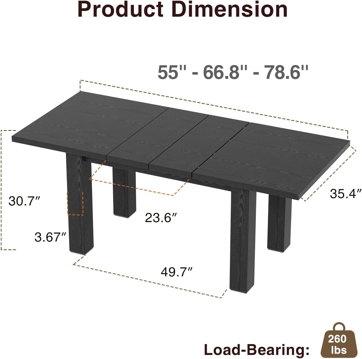 Extendable Dining Table for 6-10 Person, 55'' to 78'' Modern Expandable Dining Room Table, Rectangle Farmhouse Conference Kitchen Table, Black-1