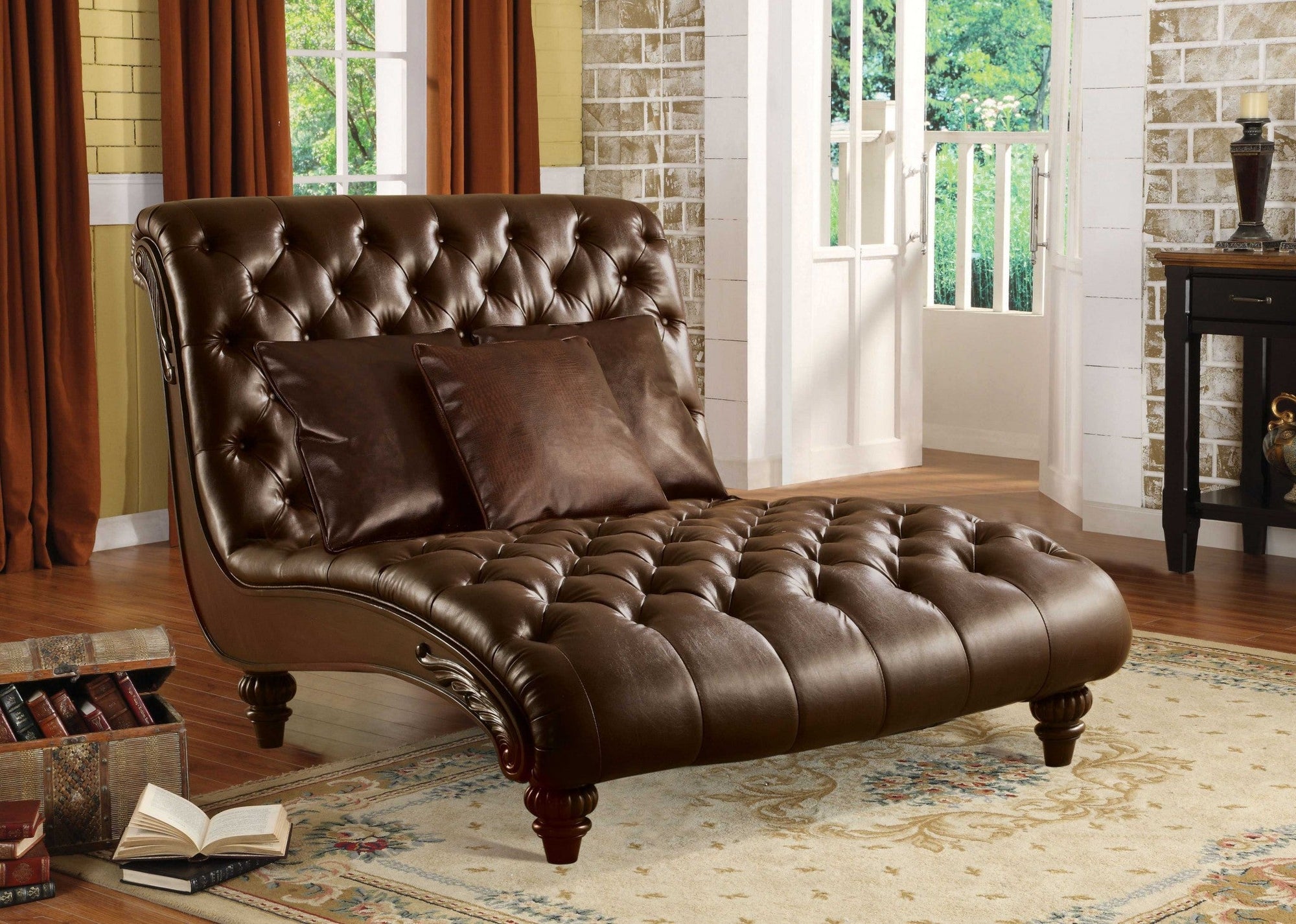 2-Tone Brown PU Upholstery Wood Chaise