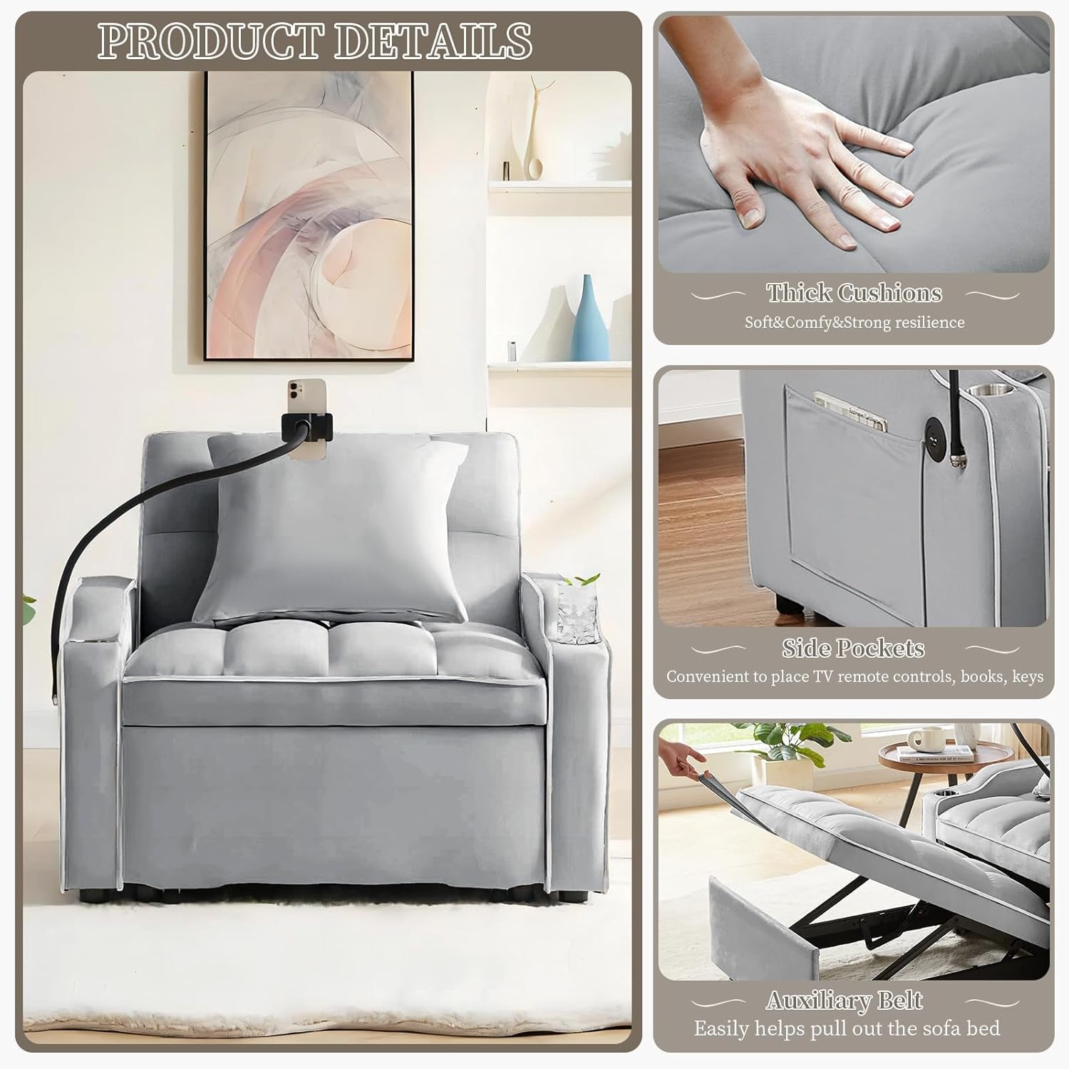 Convertible Sleeper Chair Bed with USB Ports and Holder-3