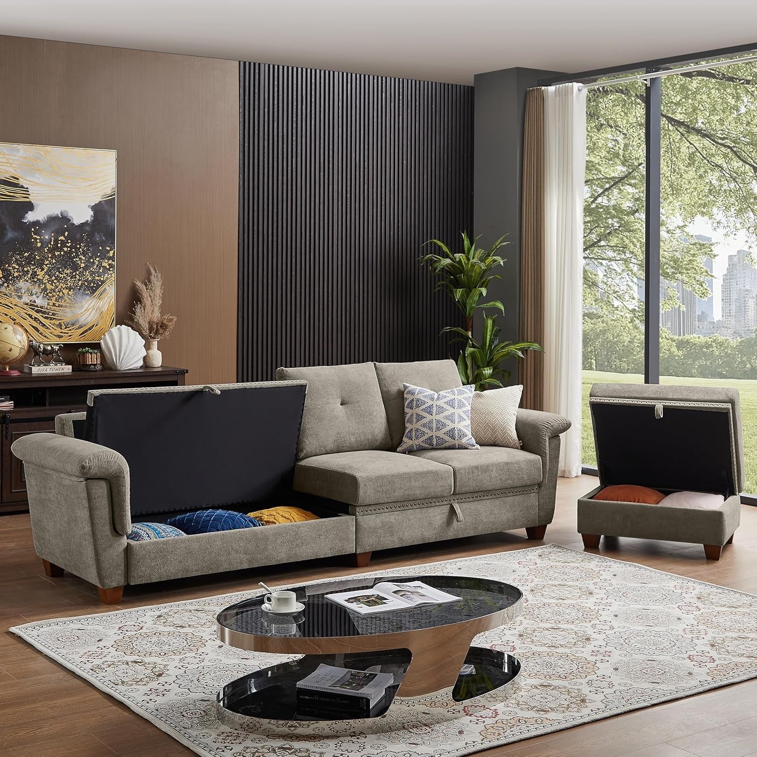 Convertible Sectional Sofa with Storage, 4 Seat L Shaped Couch with Chaise and Cup Holder, Modern Microfiber Fabric Sofas Couches for Living Room, Apartment, Office (Beige)-4