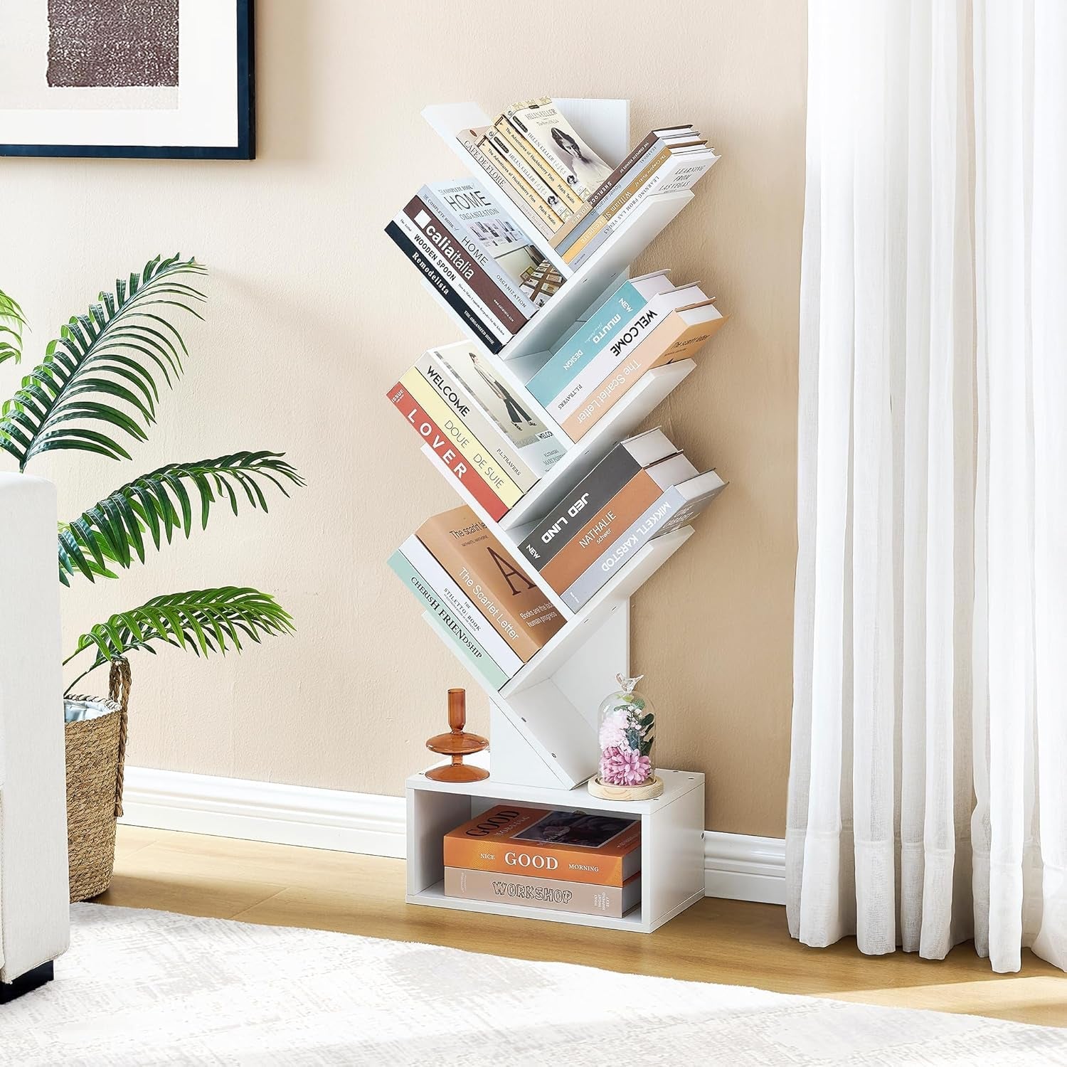 6 Tier Tree Bookshelf, Tall Bookcase with Drawer, Freestanding Book Shelf, Display Floor Standing Storage Shelf, Book Organizer Shelves for Home Office, Living Room, Bedroom, White-4