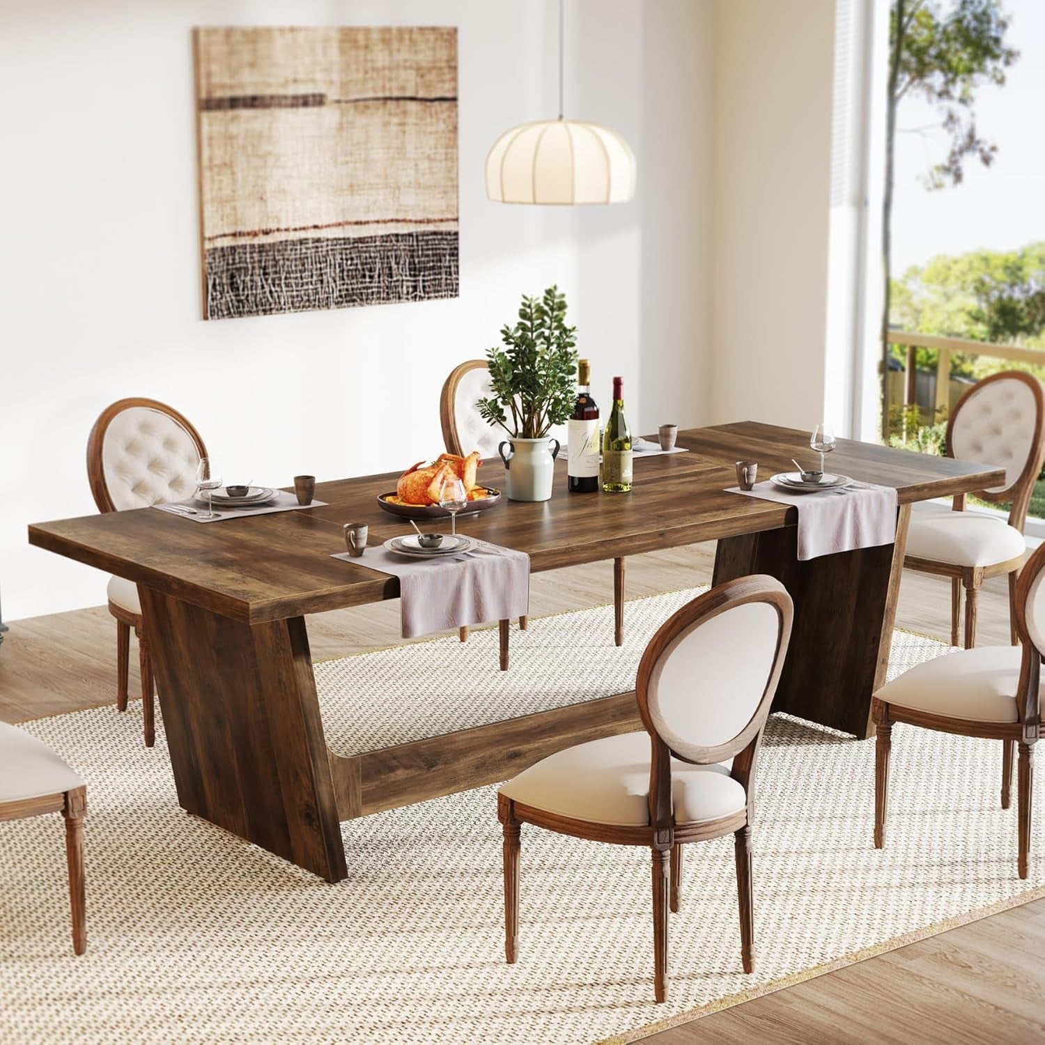 70.87-Inch Dining Room Table: Wood Large Dining Table for 6-8 People, Rectangular Farmhouse Kitchen Table with Solid Pedestal, Rustic Long Dinner Table for Big Family-3