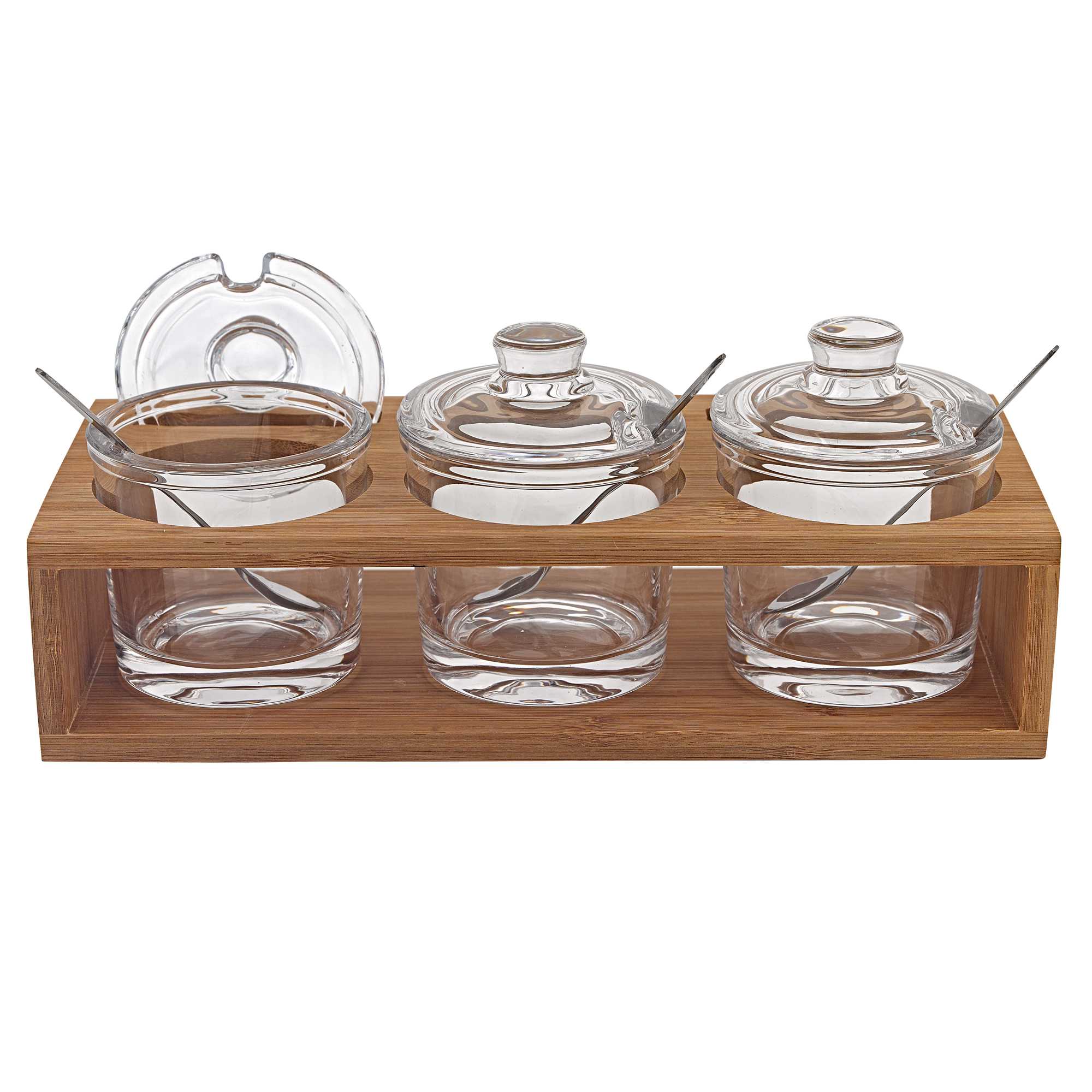 6 Mouth Blown Crystal Jam Set With 3 Glass Jars And Spoons On A Wood Stand-1