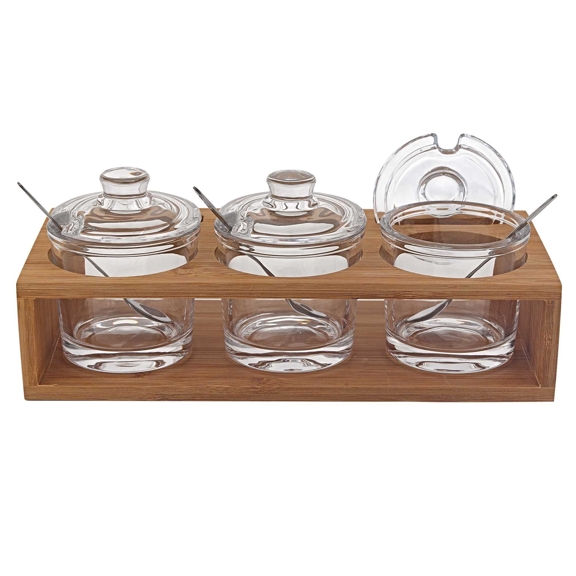 6 Mouth Blown Crystal Jam Set With 3 Glass Jars And Spoons On A Wood Stand-2