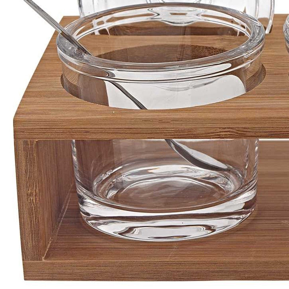 6 Mouth Blown Crystal Jam Set With 3 Glass Jars And Spoons On A Wood Stand-3