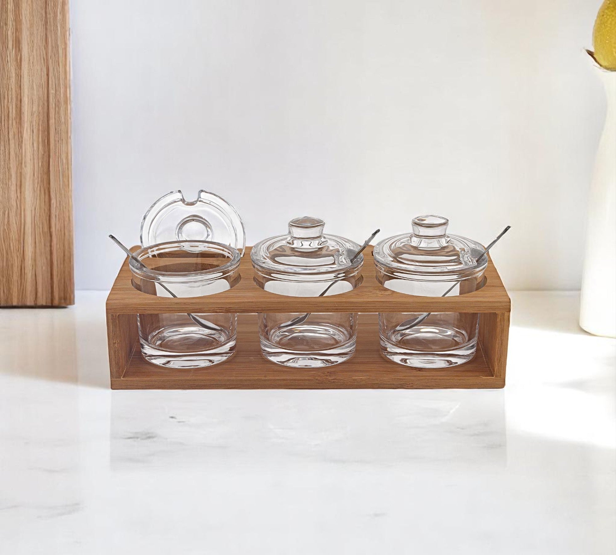 6 Mouth Blown Crystal Jam Set With 3 Glass Jars And Spoons On A Wood Stand-0