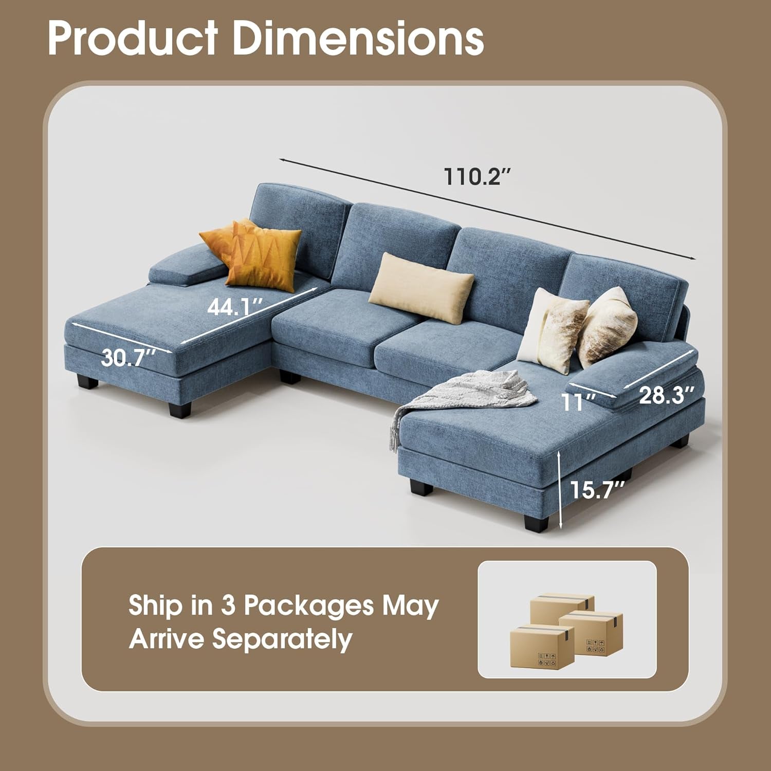 Sectional Couches for Living Room, U-Shaped Sofa Couch with Linen Fabric, 4 Seat Sofa Set with Double Chaise for Apartment (Fabric, Light Blue)-1