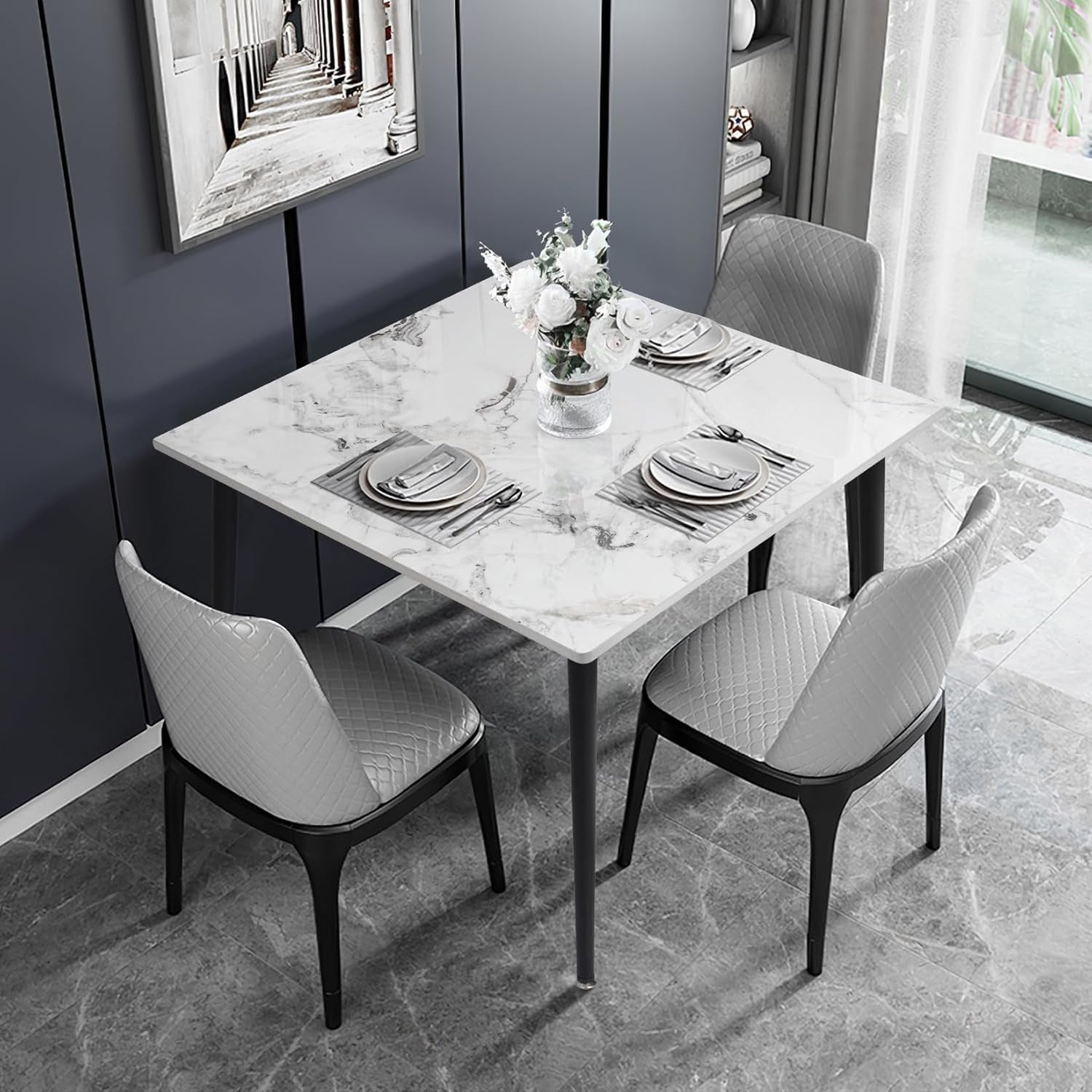 Square Kitchen Dining Table: Sintered Stone Dining Room Table Modern Coffee Table Marble Table with Stable Metal for Kitchen Living Room Office Patio Seaside, 31.5X31.5X29.92 Inch-3