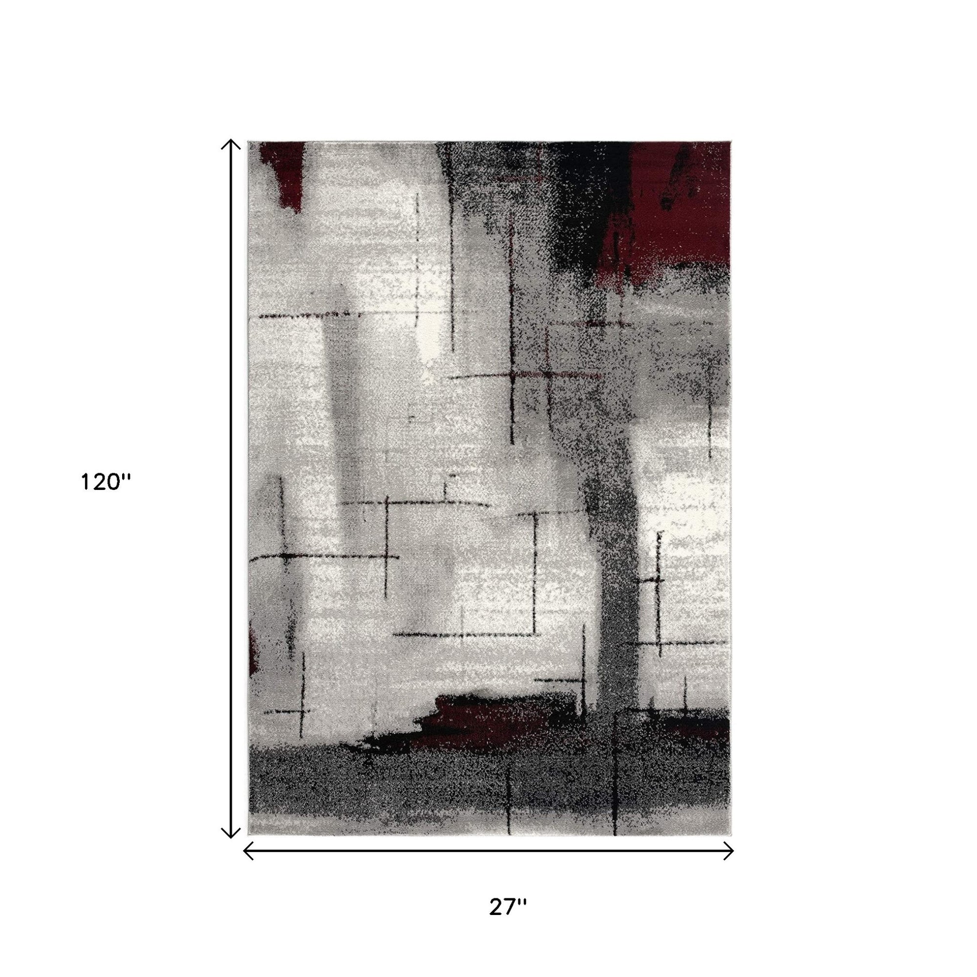 10' Black Burgundy And Gray Abstract Runner Rug-5
