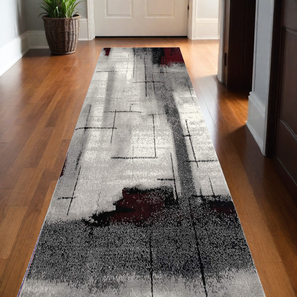 10' Black Burgundy And Gray Abstract Runner Rug-0
