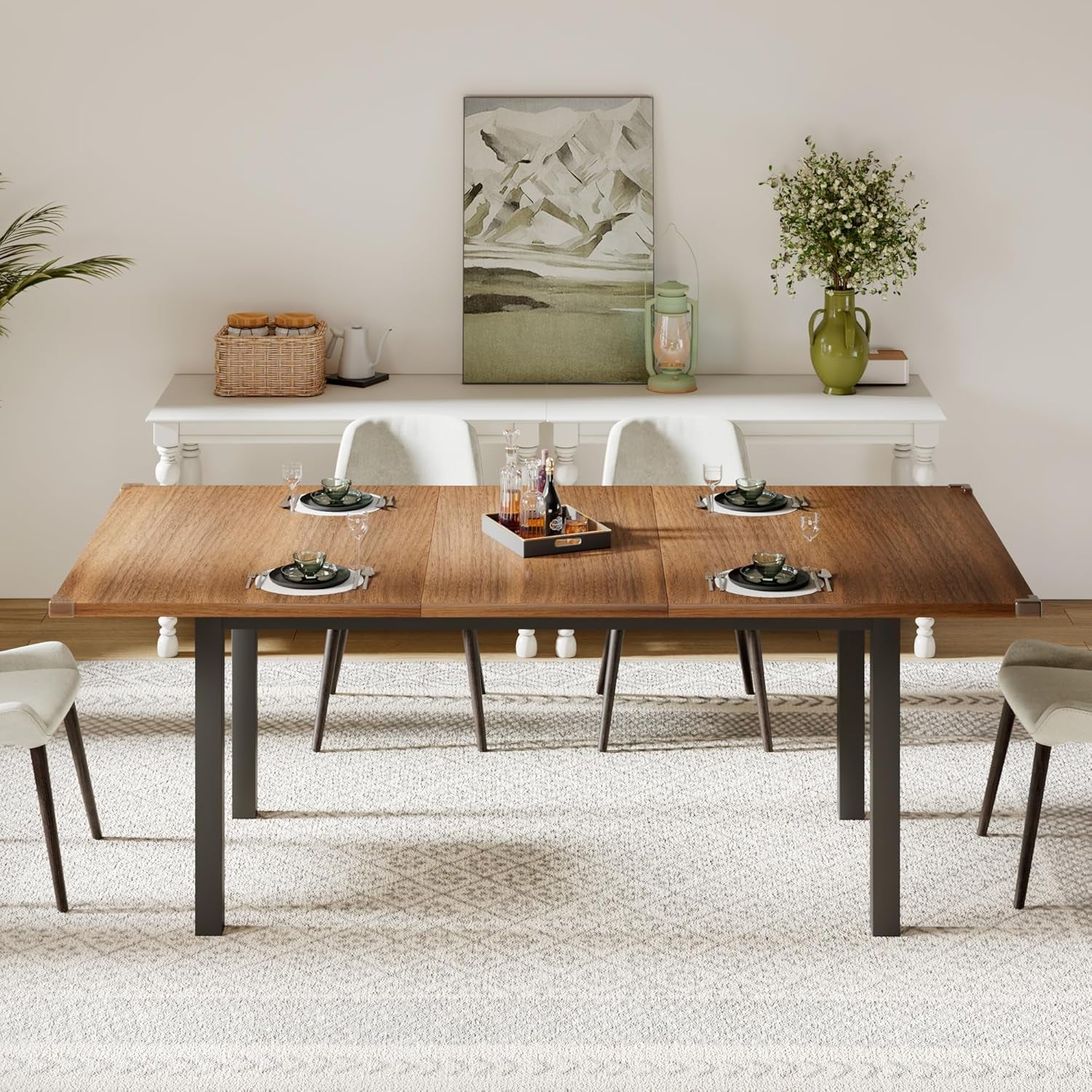 63" Extendable Dining Table, Modern Farmhouse Dining Room Table for 4-8, Wooden Kitchen Table for Small Space, Dining Room, Home Office, Living Room Furniture, Walnut-1