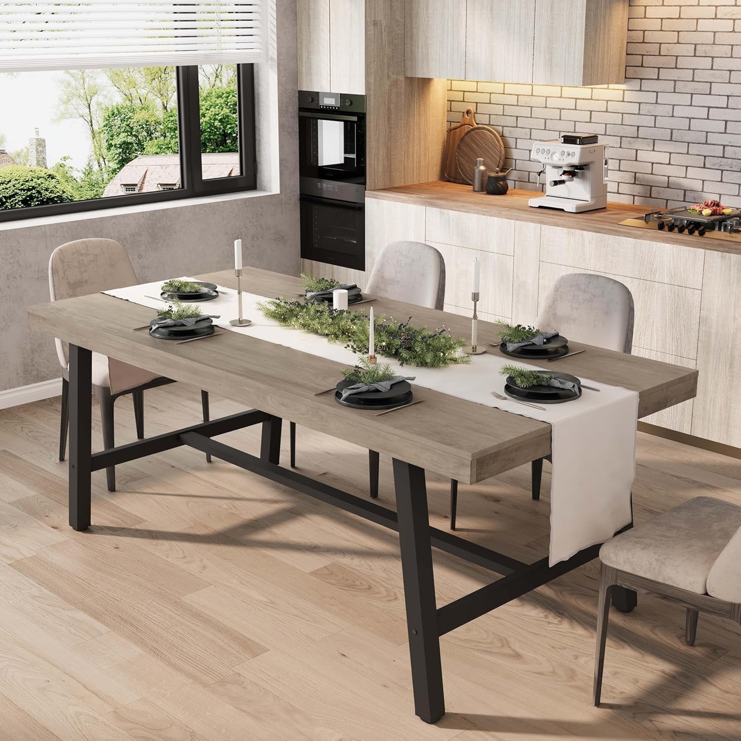 Industrial Dining Table for 6~8 People, 70.87" Long Rectangle Dining Table, Wooden Kitchen Table with Sturdy Metal Frame, Dinner Table, Dining Room Table for Kitchen, Dining Room-Grey-0