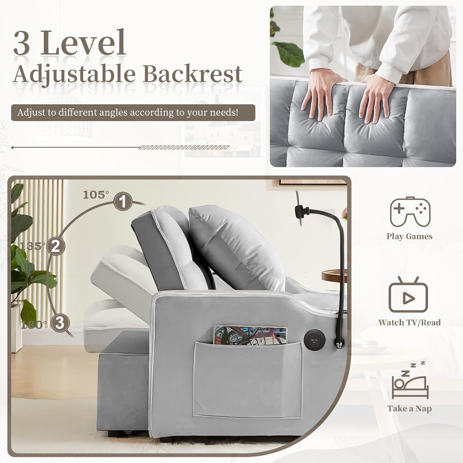 Convertible Sleeper Chair Bed with USB Ports and Holder-4