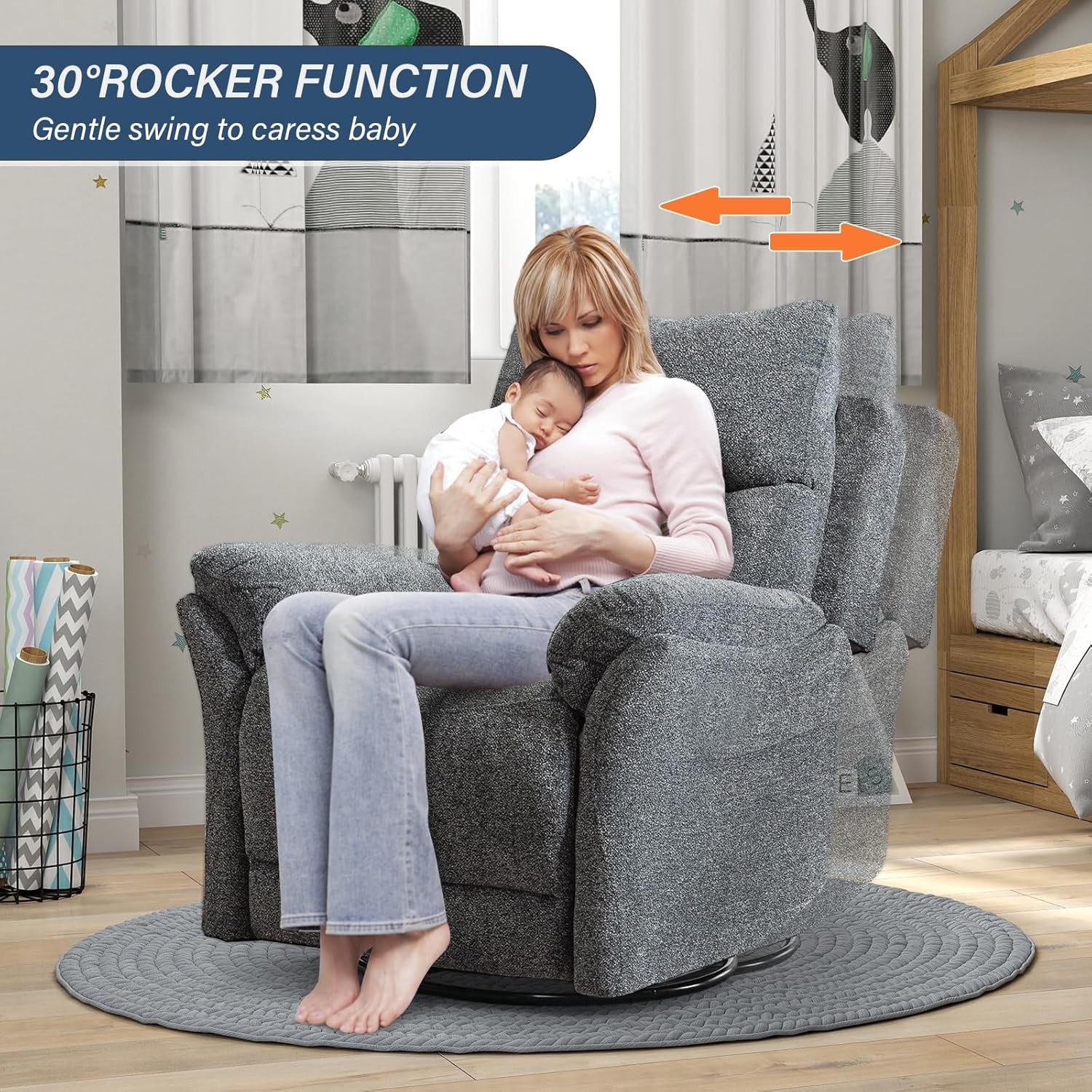 Swivel Rocker Recliner Chair Nursery, Manual Fabric Small Rocking