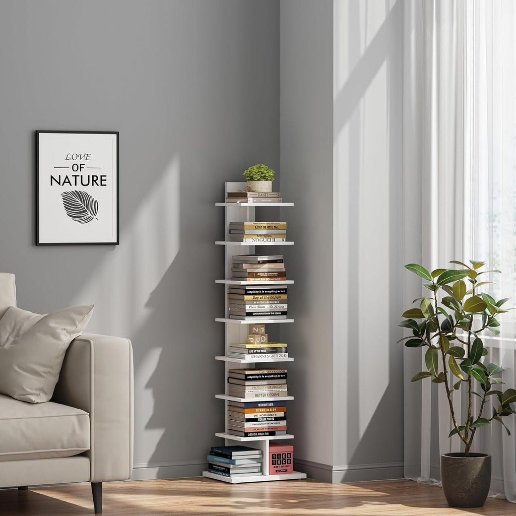 Vertical Bookshelf, 8-Tier Bookcase, Narrow Spine Book Shelf for Small Space, Corner Standing Shelf for Living Room, Office, Study, Entryway, White BS06BW008-4