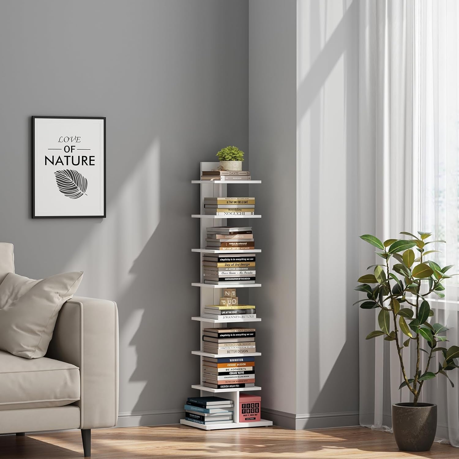 Vertical Bookshelf, 8-Tier Bookcase, Narrow Spine Book Shelf for Small Space, Corner Standing Shelf for Living Room, Office, Study, Entryway, White BS06BW008-4