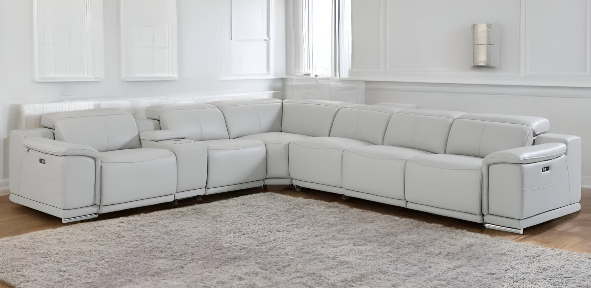 Light Gray Italian Leather Power Reclining U Shaped Seven Piece Corner Sectional With Console-1