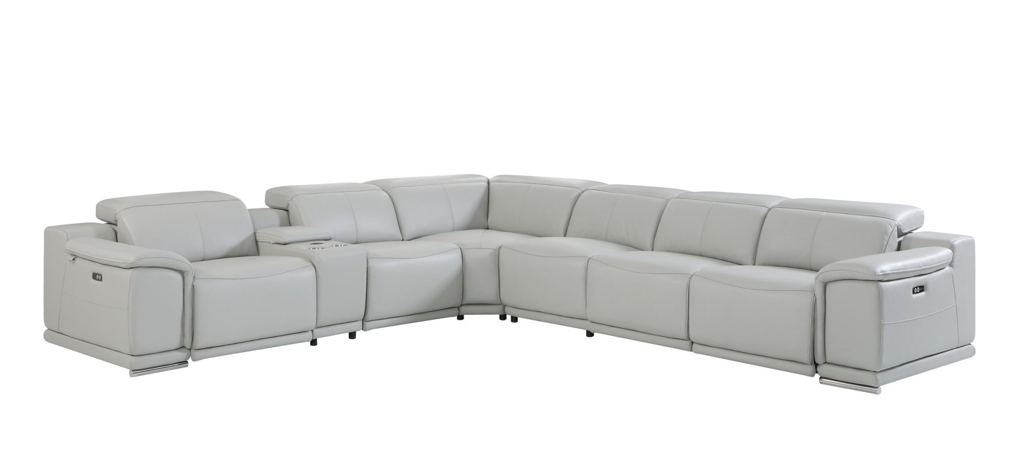 Light Gray Italian Leather Power Reclining U Shaped Seven Piece Corner Sectional With Console-0