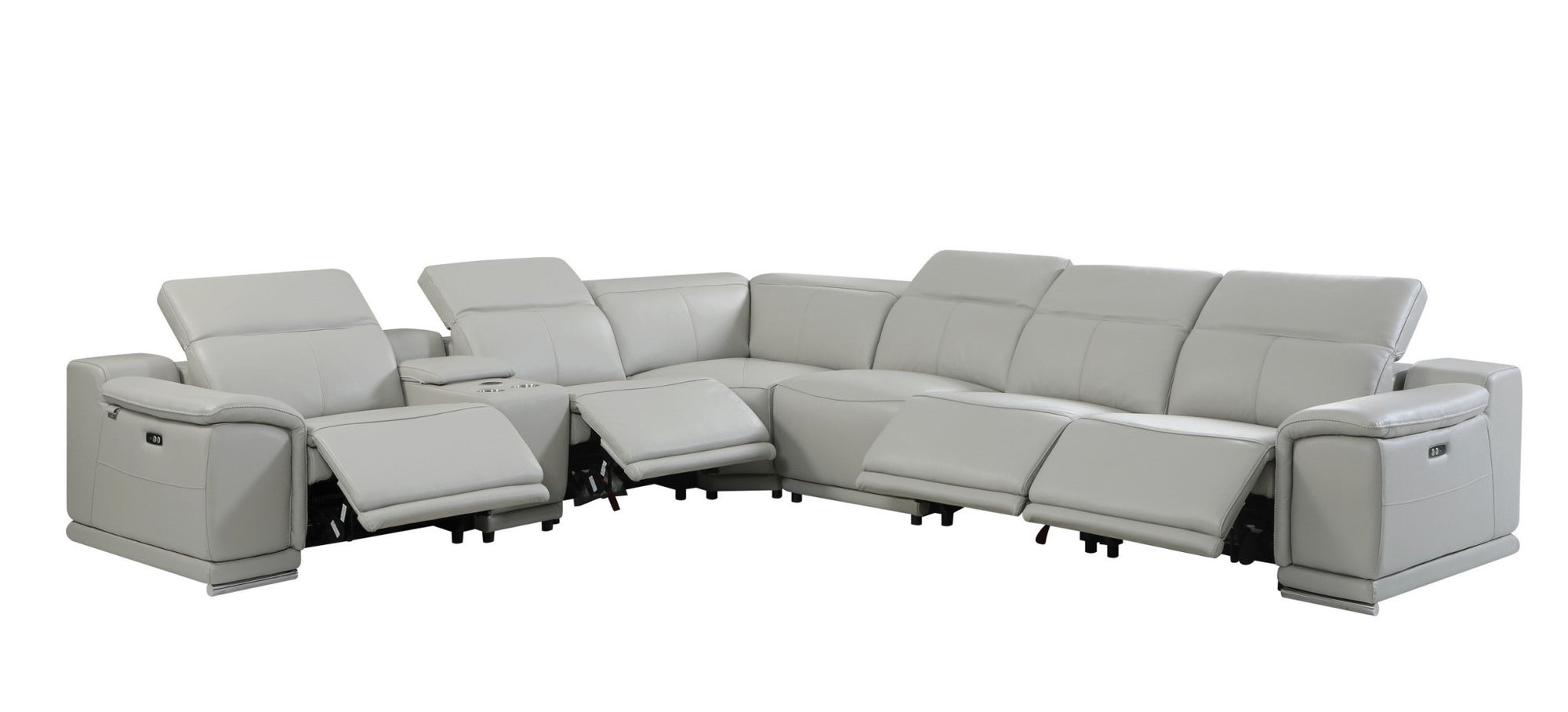 Light Gray Italian Leather Power Reclining U Shaped Seven Piece Corner Sectional With Console-4