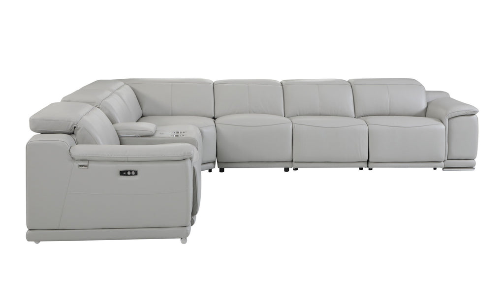 Light Gray Italian Leather Power Reclining U Shaped Seven Piece Corner Sectional With Console-2