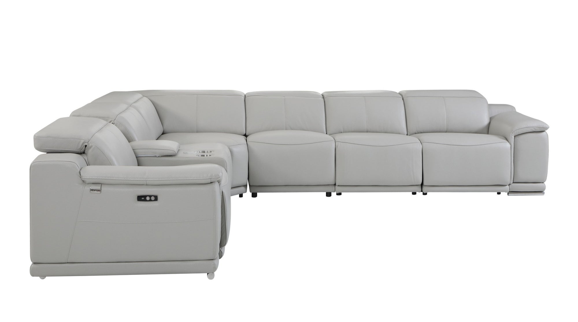 Light Gray Italian Leather Power Reclining U Shaped Seven Piece Corner Sectional With Console-2