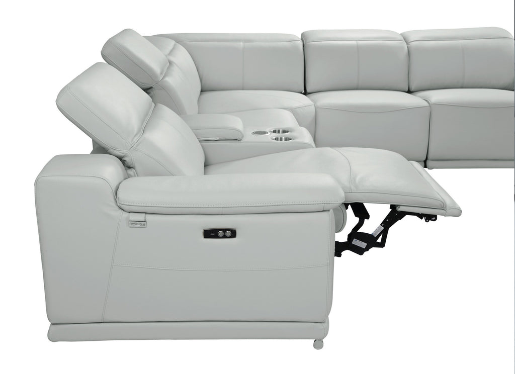 Light Gray Italian Leather Power Reclining U Shaped Seven Piece Corner Sectional With Console-6