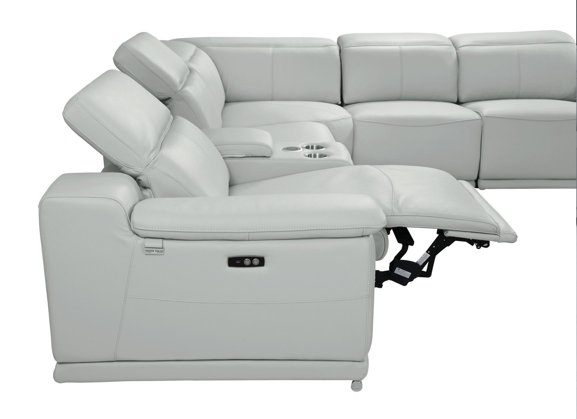 Light Gray Italian Leather Power Reclining U Shaped Seven Piece Corner Sectional With Console-6