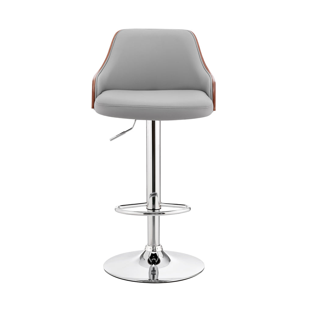 Gray And Silver Faux Leather And Iron Adjustable Height Swivel Bar Chair-2