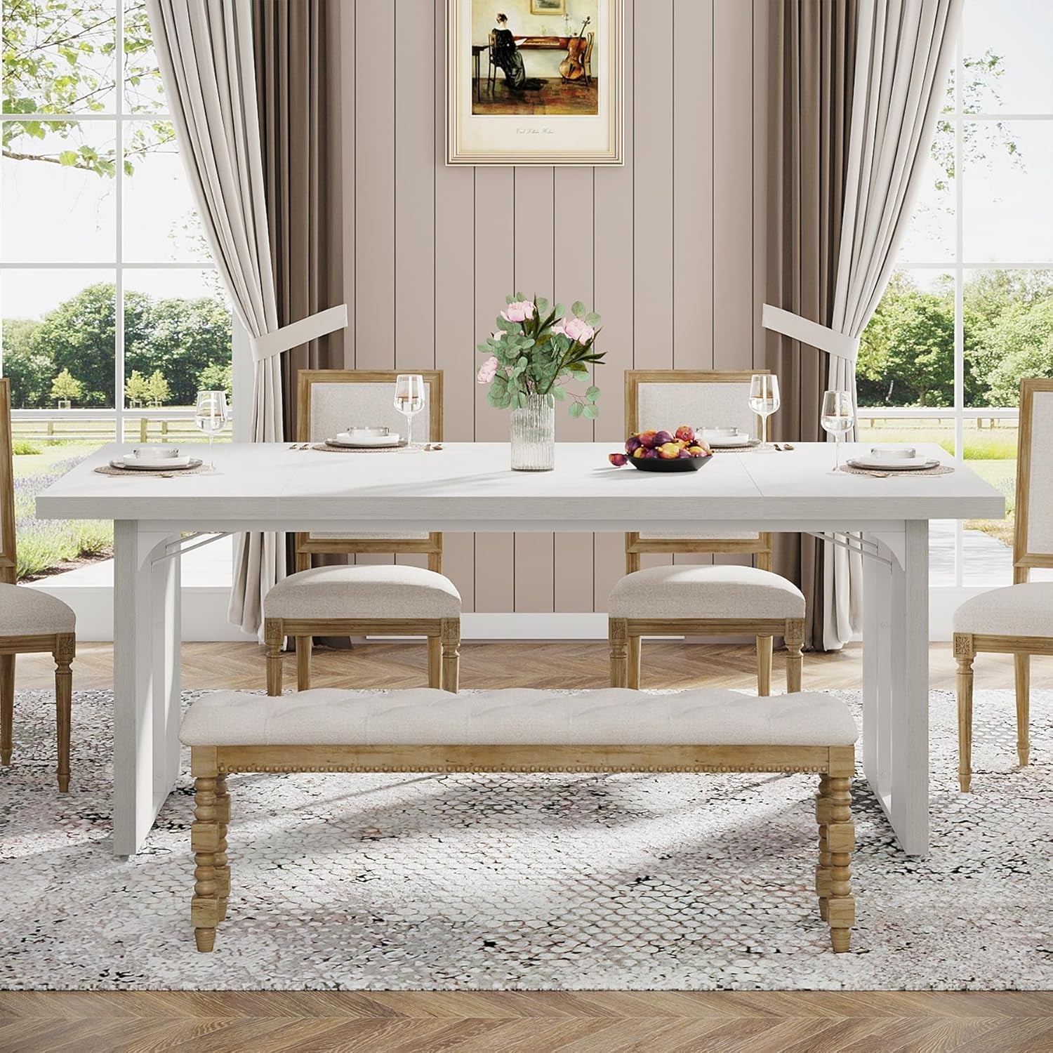 71" Large Dining Table for 6 to 8 People, Rustic Farmhouse Style Dinner Table, Rectangular Dining Table for Kitchen, Dining Room & Living Room-4