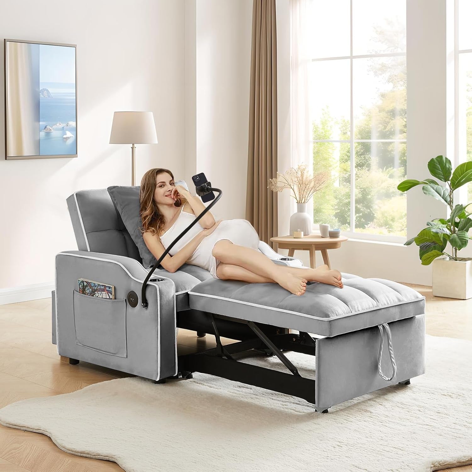 Convertible Sleeper Chair Bed with USB Ports and Holder-0