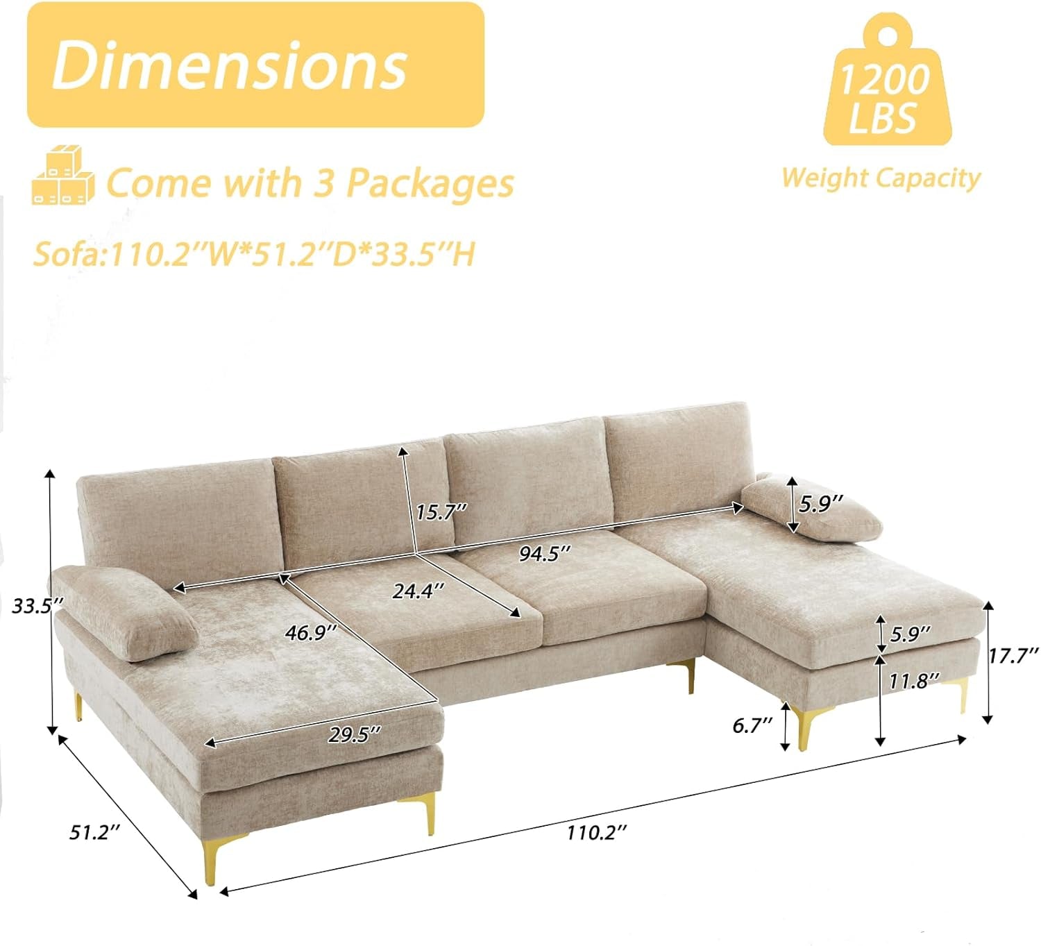 Convertible Sectional Sofa 110" U-Shape Sofa Couch 4-Seat Couch with Chaise Chenillefabric Upholstered for Living Room, Apartment, Office, Camel-1