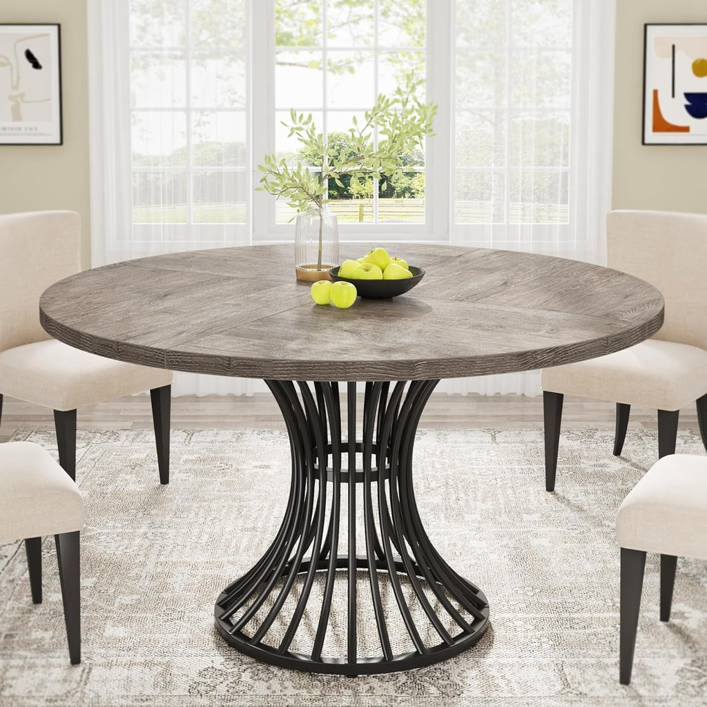 round Dining Table for 4-6 People, 47-Inch Farmhouse Dinning Room Table Circle Kitchen Table, Industrial Dinner Table with Metal Base for Kitchen, Living Room, Grey-0