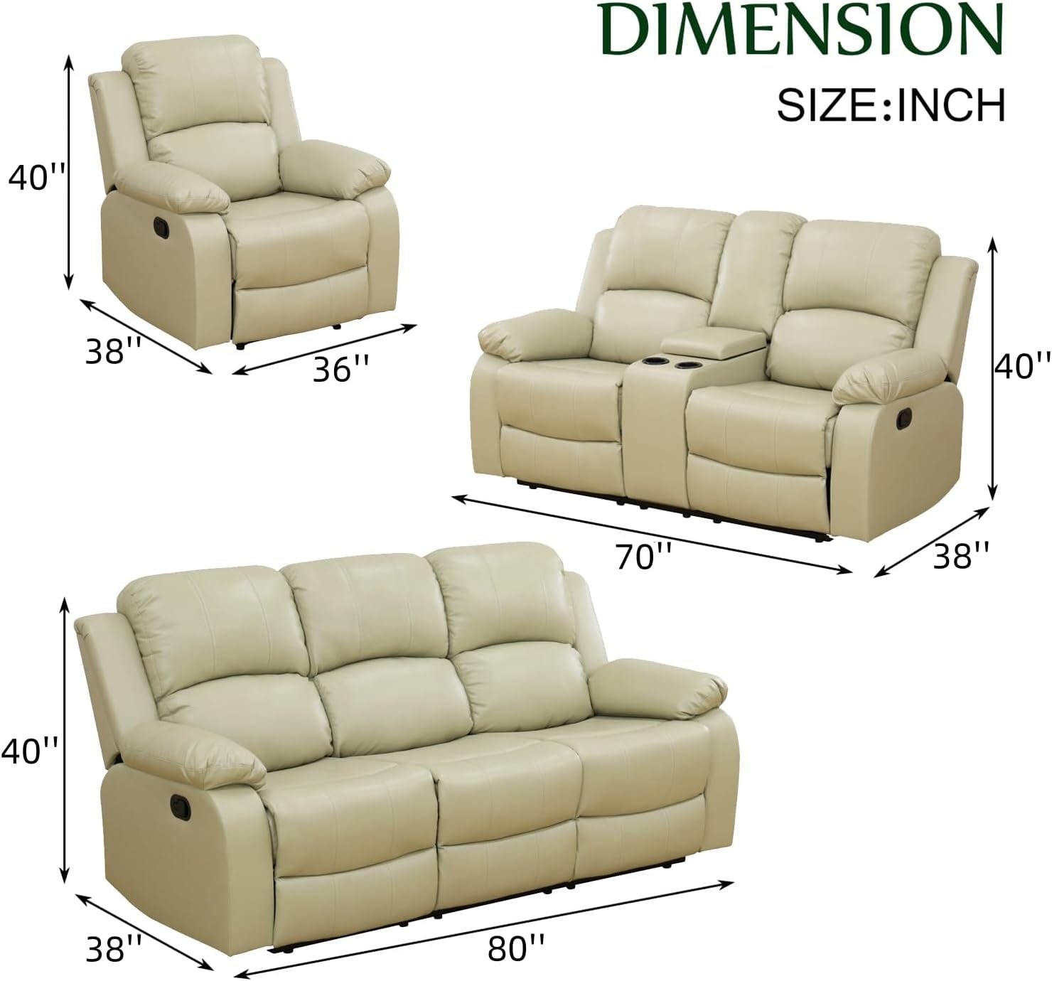 Leather Recliner Sofa Set，Leather Reclining Sofa Set for Living Room Furniture Sets，Beige Recliner Couch Set for Living Room/Office/Theater Seating(Sofa Set 3 Pieces)-1
