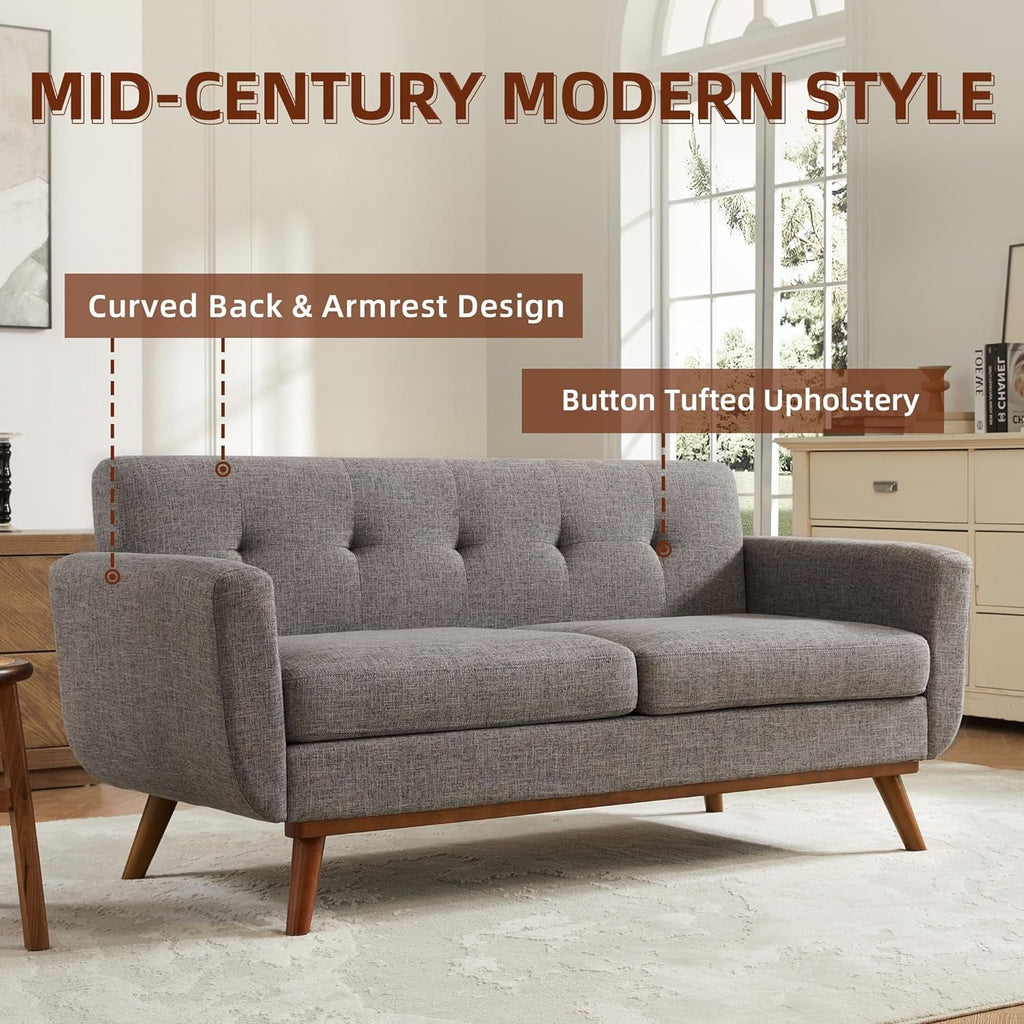 Grey Mid-Century Loveseat Sofa Easy Assembly, Solid Wood