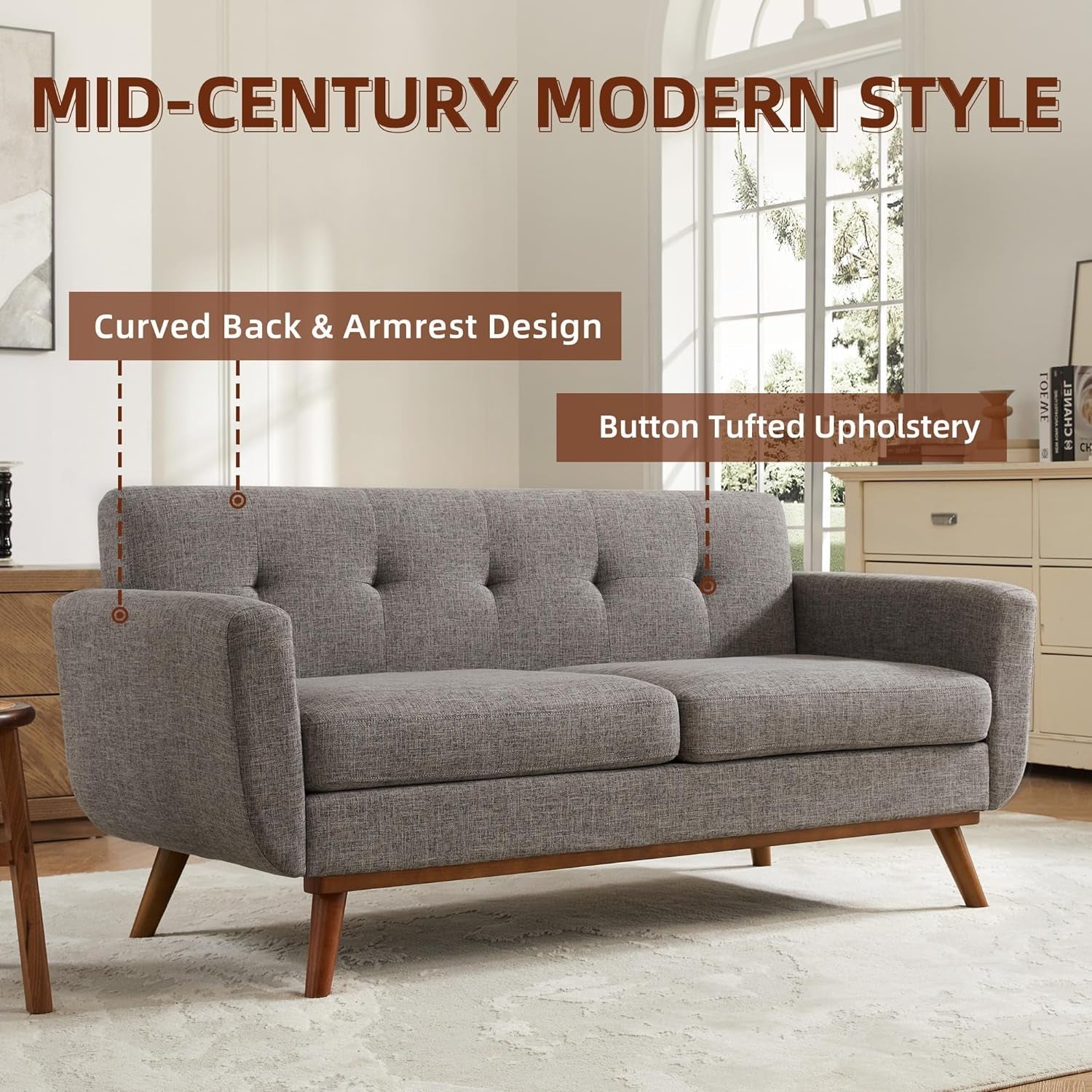 Grey Mid-Century Loveseat Sofa Easy Assembly, Solid Wood