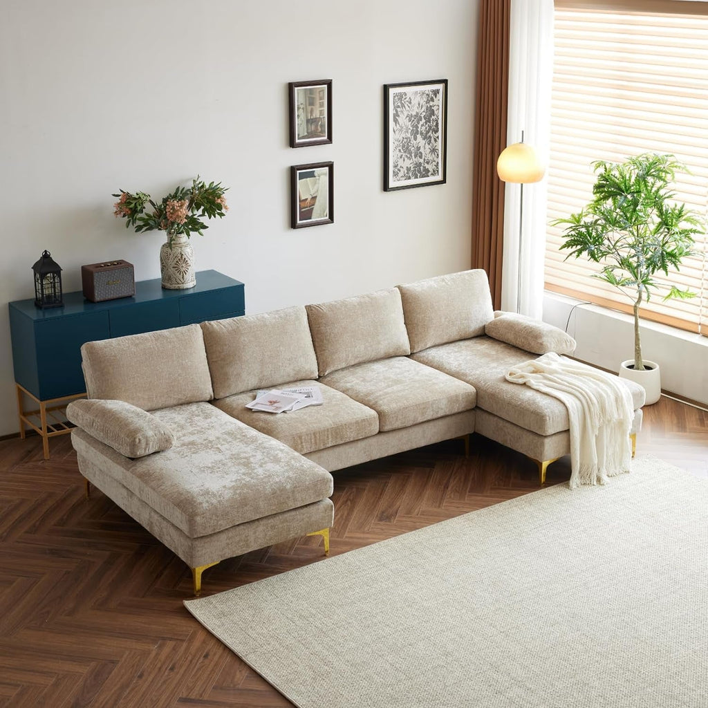 Convertible Sectional Sofa 110" U-Shape Sofa Couch 4-Seat Couch with Chaise Chenillefabric Upholstered for Living Room, Apartment, Office, Camel-0