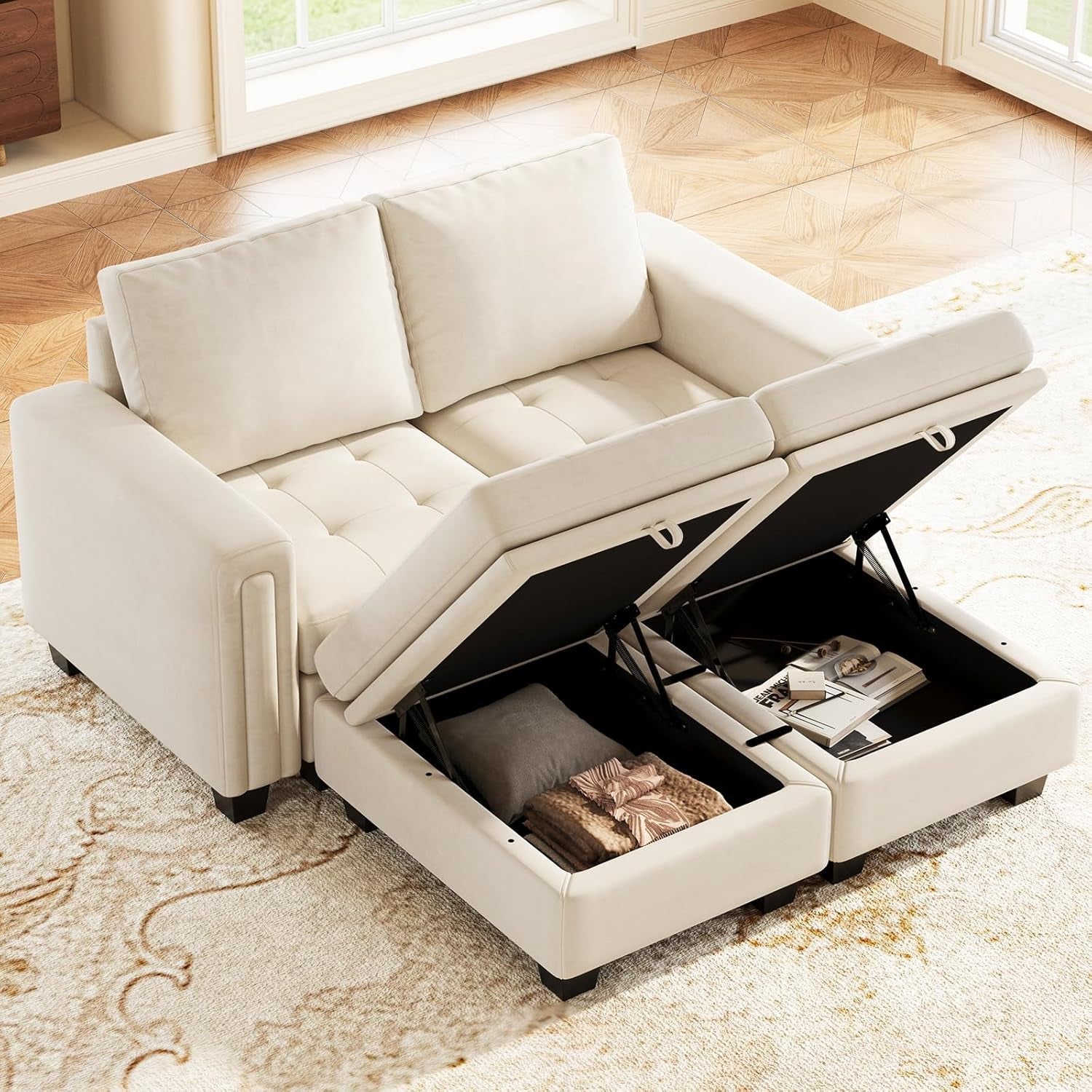 Velvet Modular Sectional Sofa Couch with Storage Convertible Sectional Sleeper Sofa Couch Bed Set with Reversible Chaise Beige-2