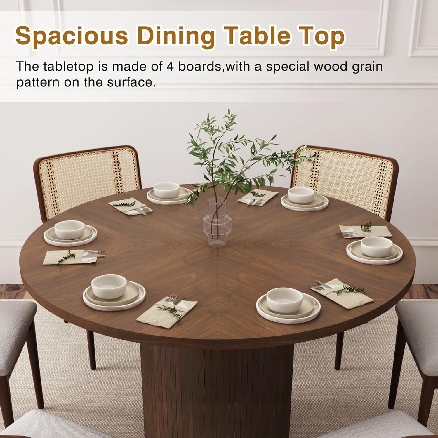 Round Dining Table for 4, Modern Farmhouse Kitchen Table, 47 Inch Small Circle Dining Tables with Wood Strip Base for Kitchen Living Room (Walnut)-3