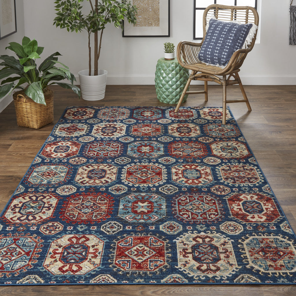 10' X 13' Blue Red And Tan Abstract Distressed Area Rug-4