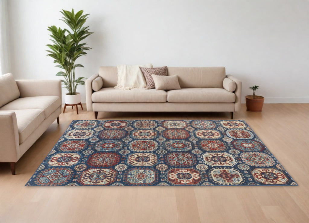 10' X 13' Blue Red And Tan Abstract Distressed Area Rug-1
