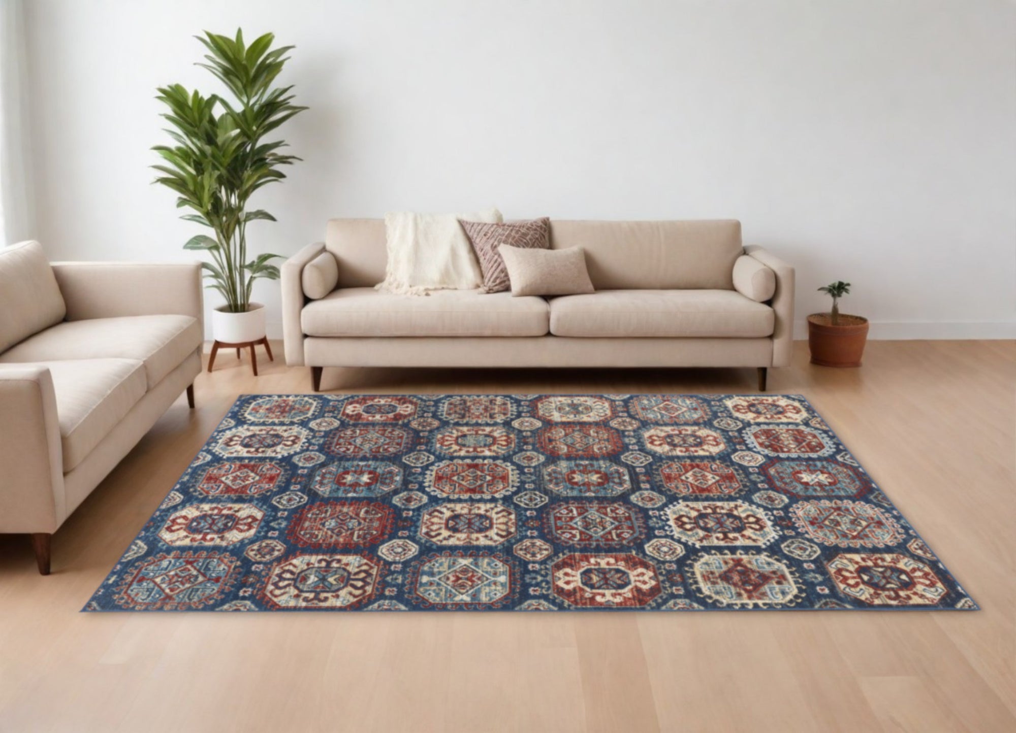 10' X 13' Blue Red And Tan Abstract Distressed Area Rug-1